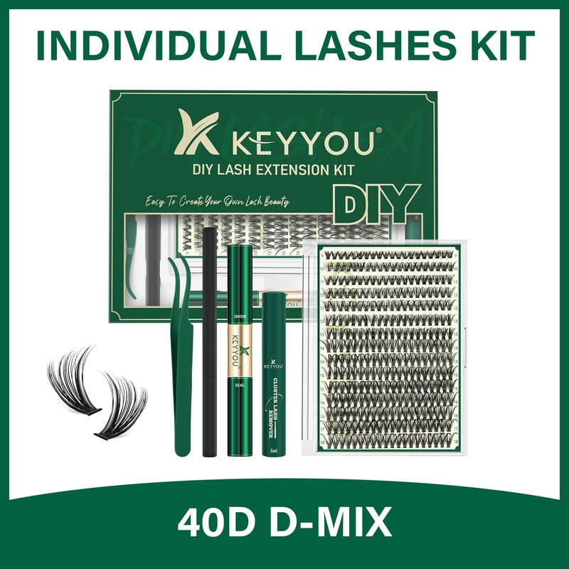 KEYYOU Lash Extension Kit DIY 300Pcs Lash Clusters Kit 40D 0.07 D Curl 9-18MIX Eyelash Extension Kit Individual Lashes Kit with Lash Bond and Seal, Lash Tweezers and Remover for Self Use