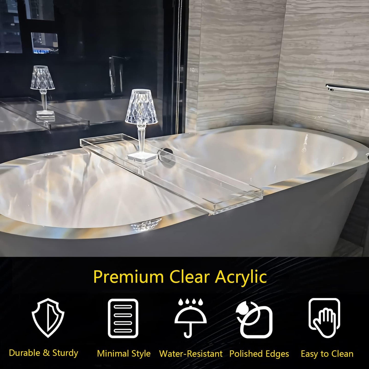 Bathtub Tray Table, Clear Acrylic, Anti-Slip Bath Caddy (Clear+ Soap Dish, L32.3 x W7.87 x H1.18)