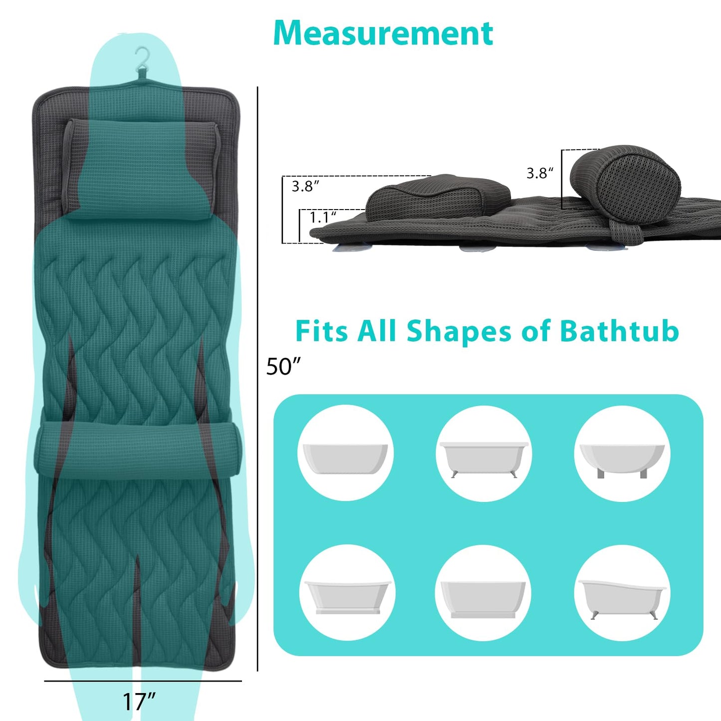 AEROiVi Bath Pillows for Tub Neck and Back Support, Bathtub Pillow with Headrest Cushion, 6 Non Slip Suction Cups Spa Relaxing Bathroom Accessories