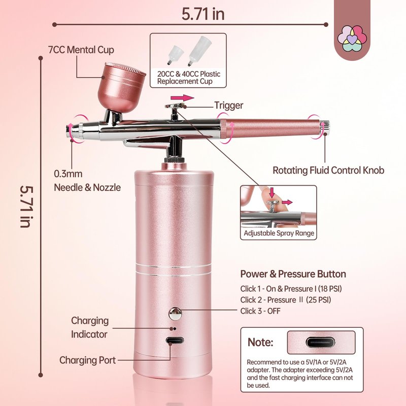 SAVILAND Pro Airbrush Set: 25 PSI Upgrad Rechargeable Nail Airbrush with 0.3mm Nozzle & Dual Modes - Salon-Grade Tool for French, Ombre Nail Art & Makeup