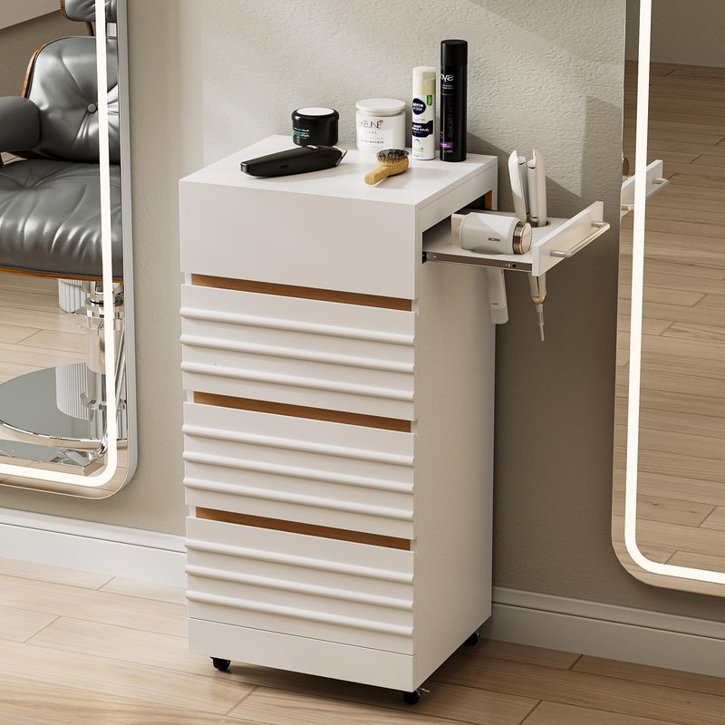 Belandi Salon Trolley Cart with Lockable Wheels, Rolling Hair Cart with 3 Dryer Holders for Hair Stylist, Wall Mount Makeup Organizer Stations Cabinet for Beauty Spa Barbershop Tattoo(White)