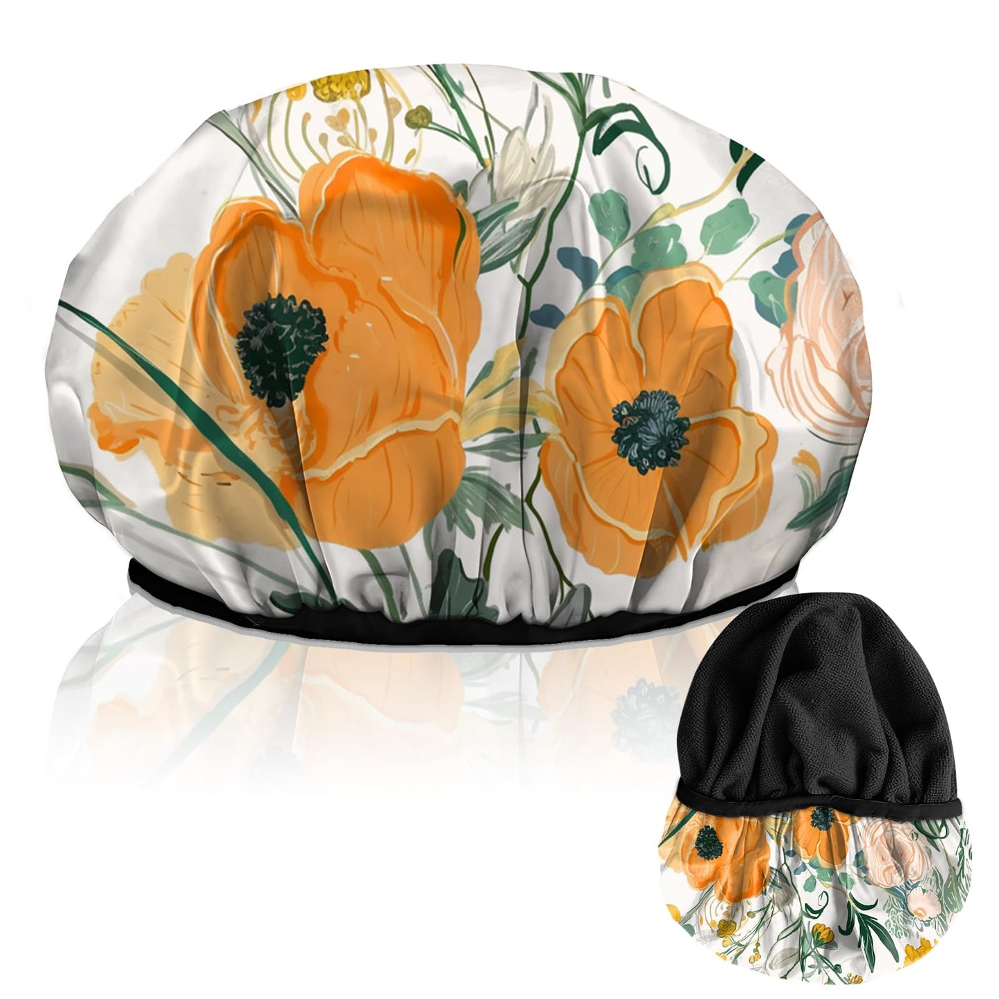 Cabreche Luxury Shower Cap Terry Lined Reusable Triple Layer Waterproof Hair Elastic Caps Shower Bath Hat for Women Girls Cute Aesthetic-Orange Flower