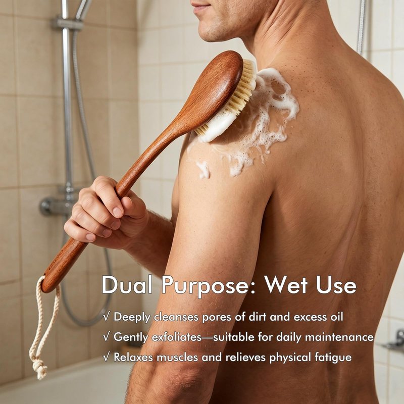 Dry Brushing Body Brush, 16Inch Long Handle Natural Back Scrubber for Shower for Lymphatic Drainage, Exfoliating & Cellulite - Wood Shower Brush for Men, Women & Elderly