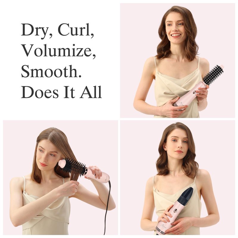 Aima Beauty Blow Dryer Brush Set - 4-in-1 Round Brush Blow Dryer Adds Shine, Smooth, Curl & Volume for Short to Medium Hair, Interchangeable 1” & 1.25” Round Barrel, Ionic Frizz Control, Pink