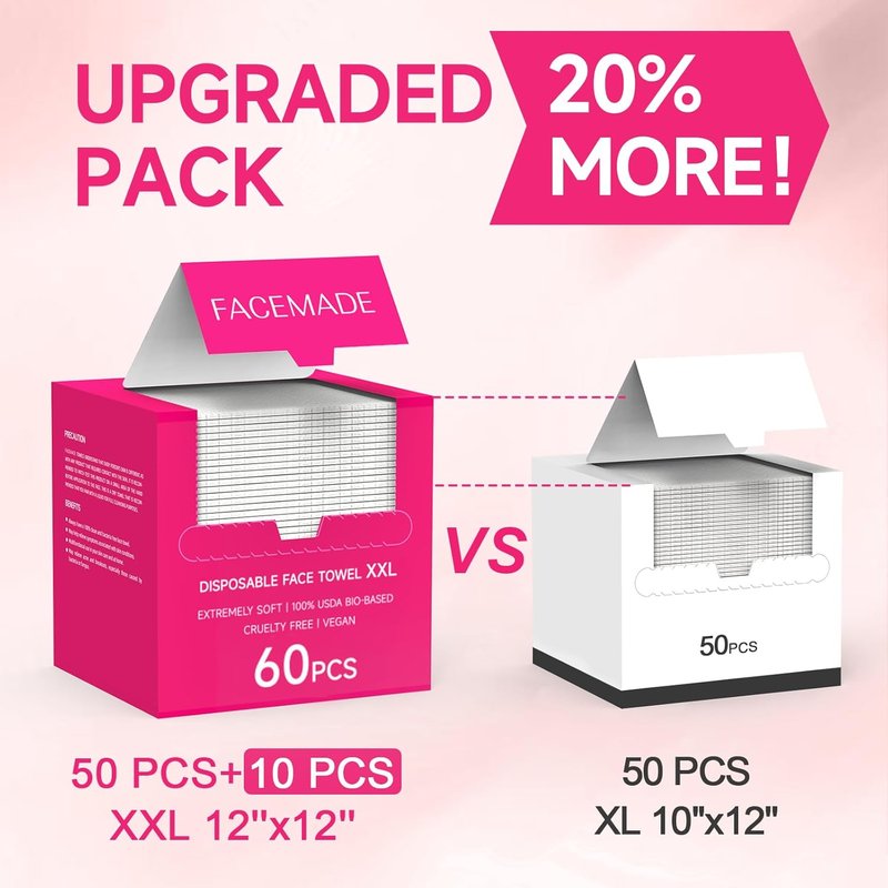FACEMADE XXL Disposable Face Towels - 60 Count, 100% Biobased, Super Soft & Thick for Makeup & Skin Care