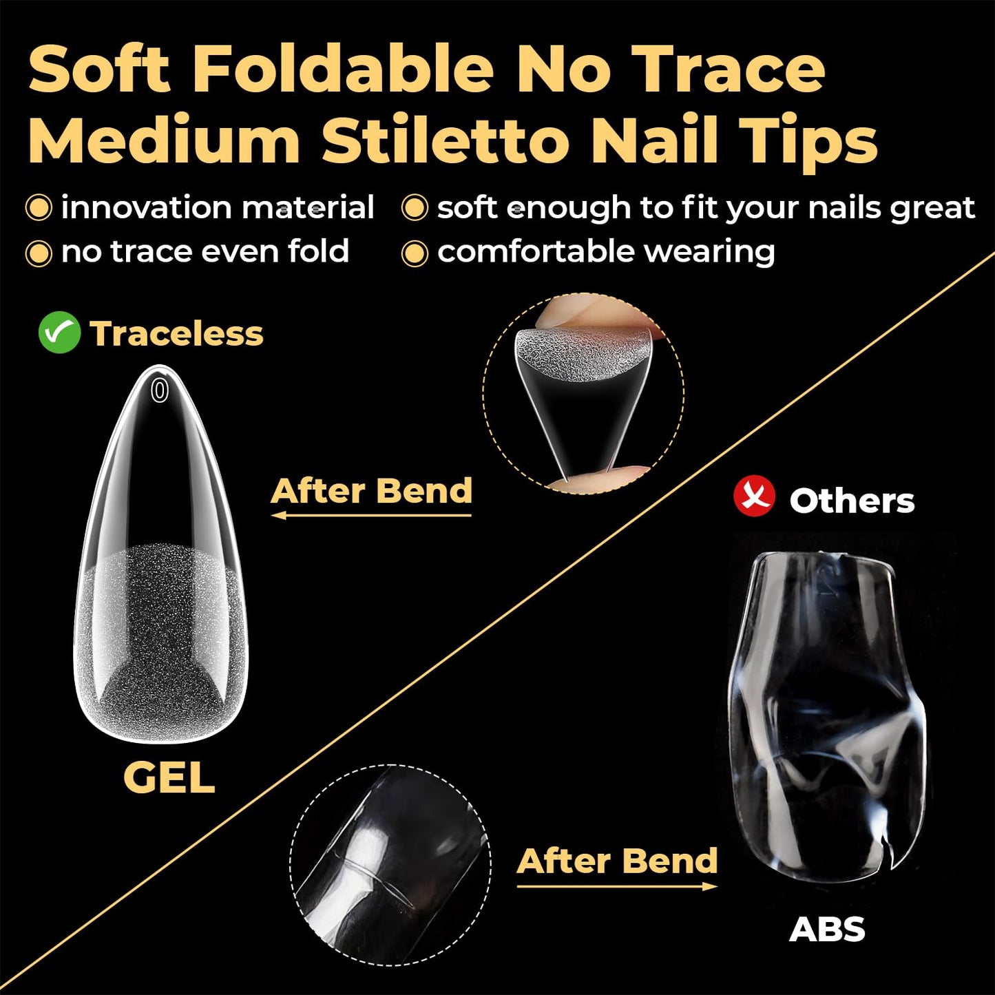 UNA GELLA Medium Stiletto Nail Tips, Pre Etched Stiletto Press on Nails, 240Pcs Clear Soft Gel Nail Tips Full Cover Fake Nails for DIY Art Salon At Home 12 Sizes