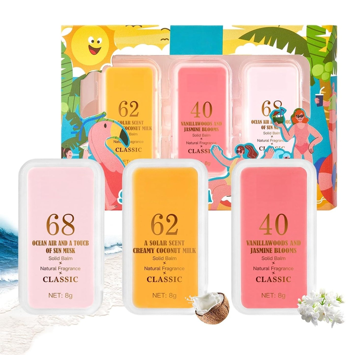 Solid Perfume Balm Womens Portable Travel Perfumes Set Natural Long Lasting Fragrances Mini Perfume Wax Gifts Non Sticky, 3 Scents of Ocean, Coconut, Jasmine