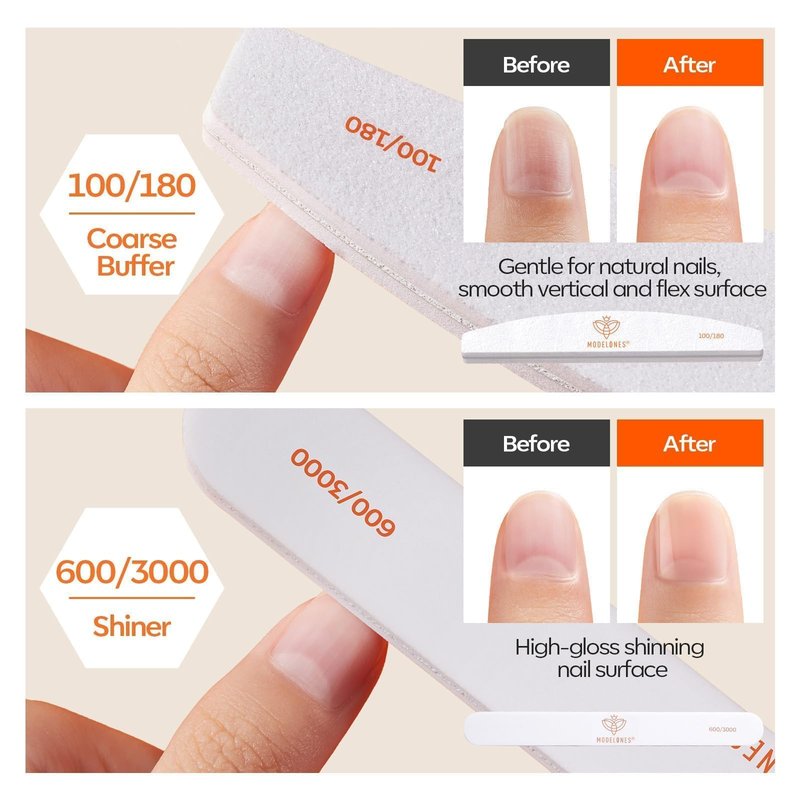 Modelones Nail Files and Nail Buffers Blocks 4 PCS, Double Side Trimed & Shaped Emery Board 100/150/180 Grits 600/3000 Nail Shine Polishing Stick, Reusable Washable Anti-bend Anti-drop Particles White