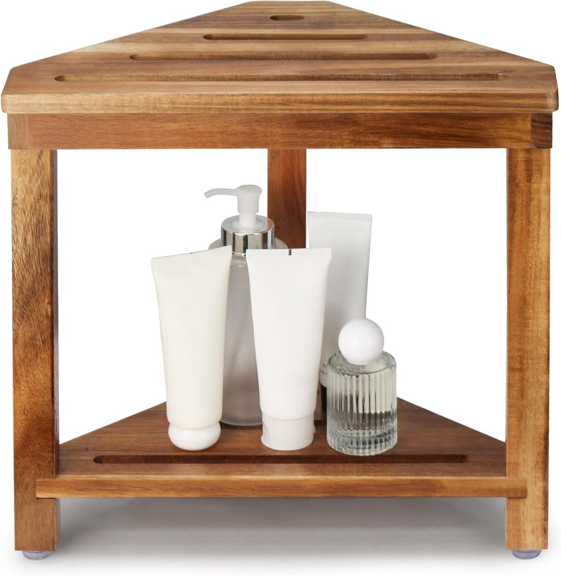 Acacia Wood Shower Stool - Waterproof Foot Rest with Storage Shelf | Ideal for Small Shower Spaces