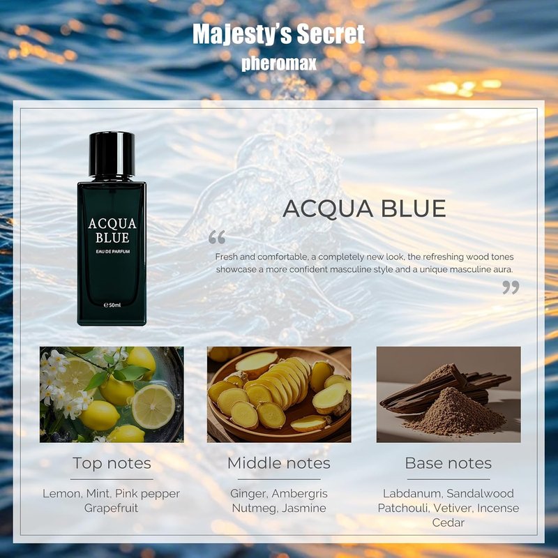 Acqua Blue Eau de Parfum for Men - Fresh Woody Fougere Cologne with Lemon, Mint & Pink Pepper Notes | 50ml Long-Lasting Fragrance
