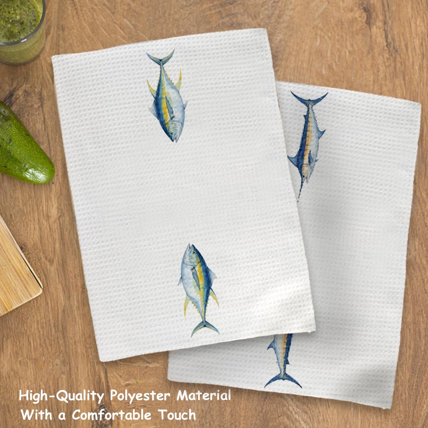 JINYO Coastal Beach Kitchen Towels, Fish Lover Gifts Hand Towels for Bathroom Kitchen Decor, Nautical Ocean Bathroom Decor, Tuna Marlin Fish Decorative Dish Tea Towels, 16x24 Inch Set of 2