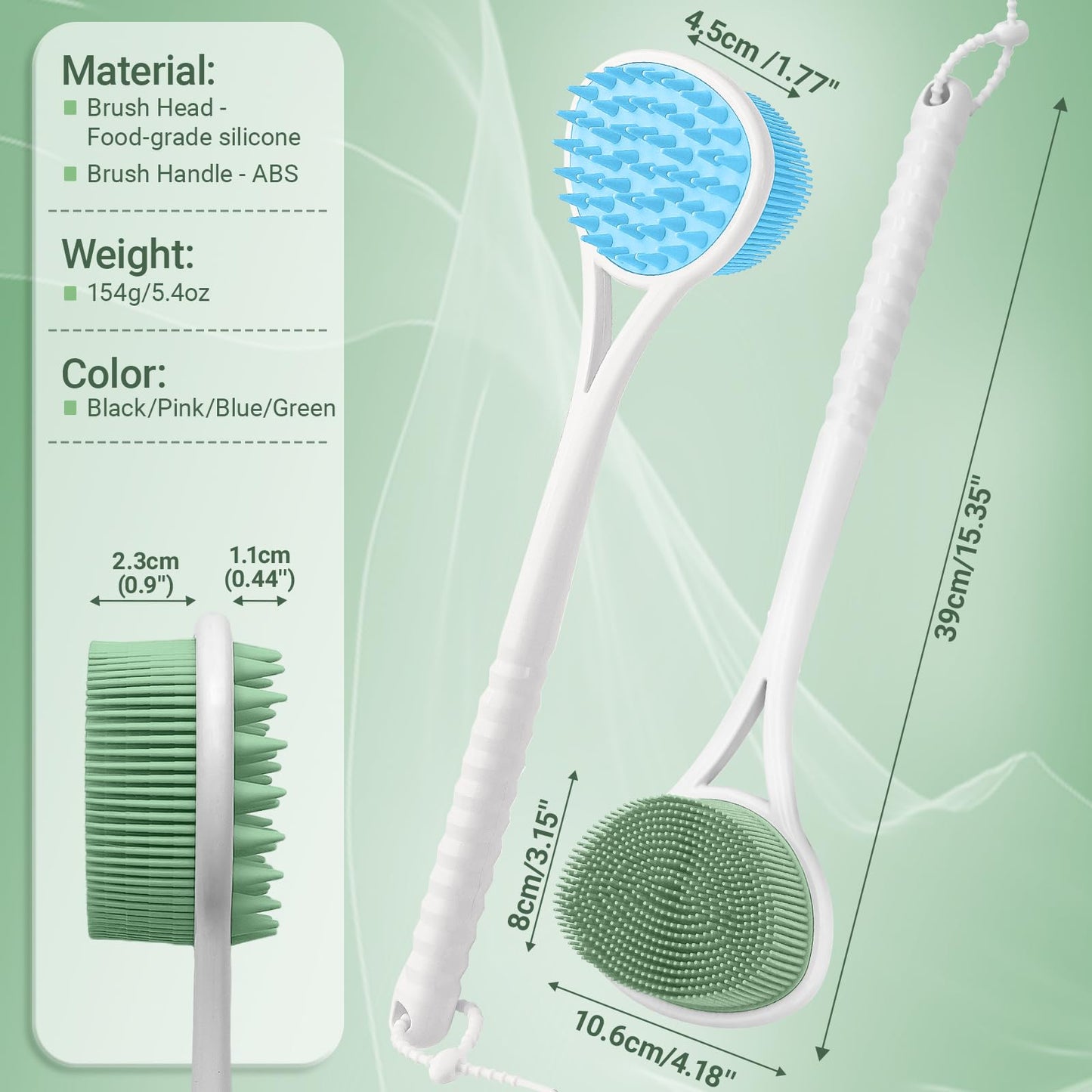 GEENOA Back Scrubber for Shower, 15.35’’ Soft Silicone Back Scrubber with Dual-Side Brush Head, Long Handle Back Brush Shower Brush with Lathering Soft Bristles and Scrubbing Thick Bristles(Green)