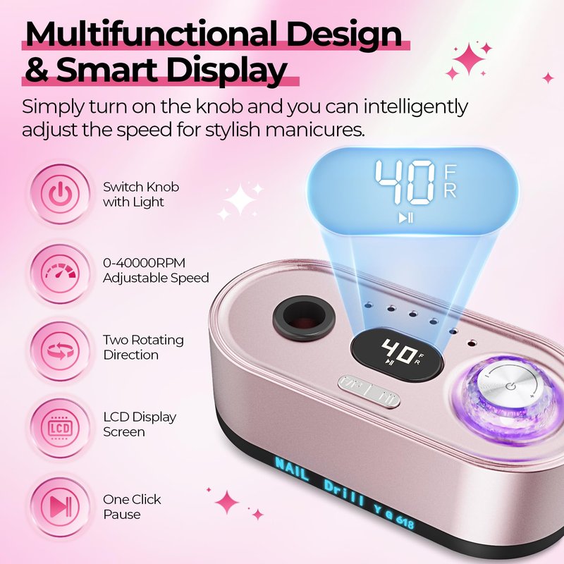 JOSGLOI 40000RPM Electric Nail File Drill Professional Kit, Drill Machine with LCD Display, Manicure Pedicure Polishing Acrylic Gel Nail Grinder for Salon, Home Use