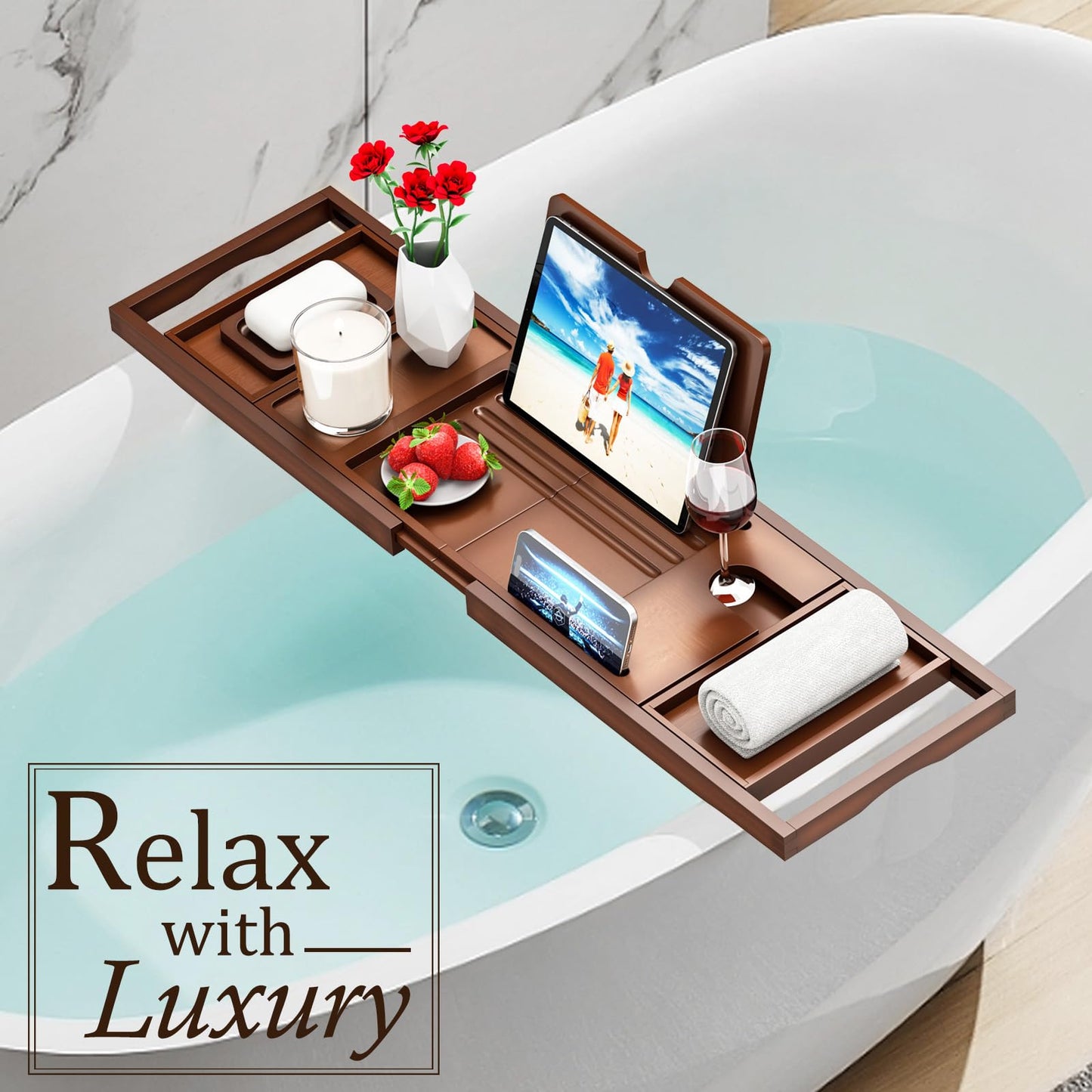 Premium Bathtub Tray Caddy - Bath Table Tray for Bathtub - Bath Tub Tray Table for Bathtub, Expandable Size, Fits Most Bath Tubs