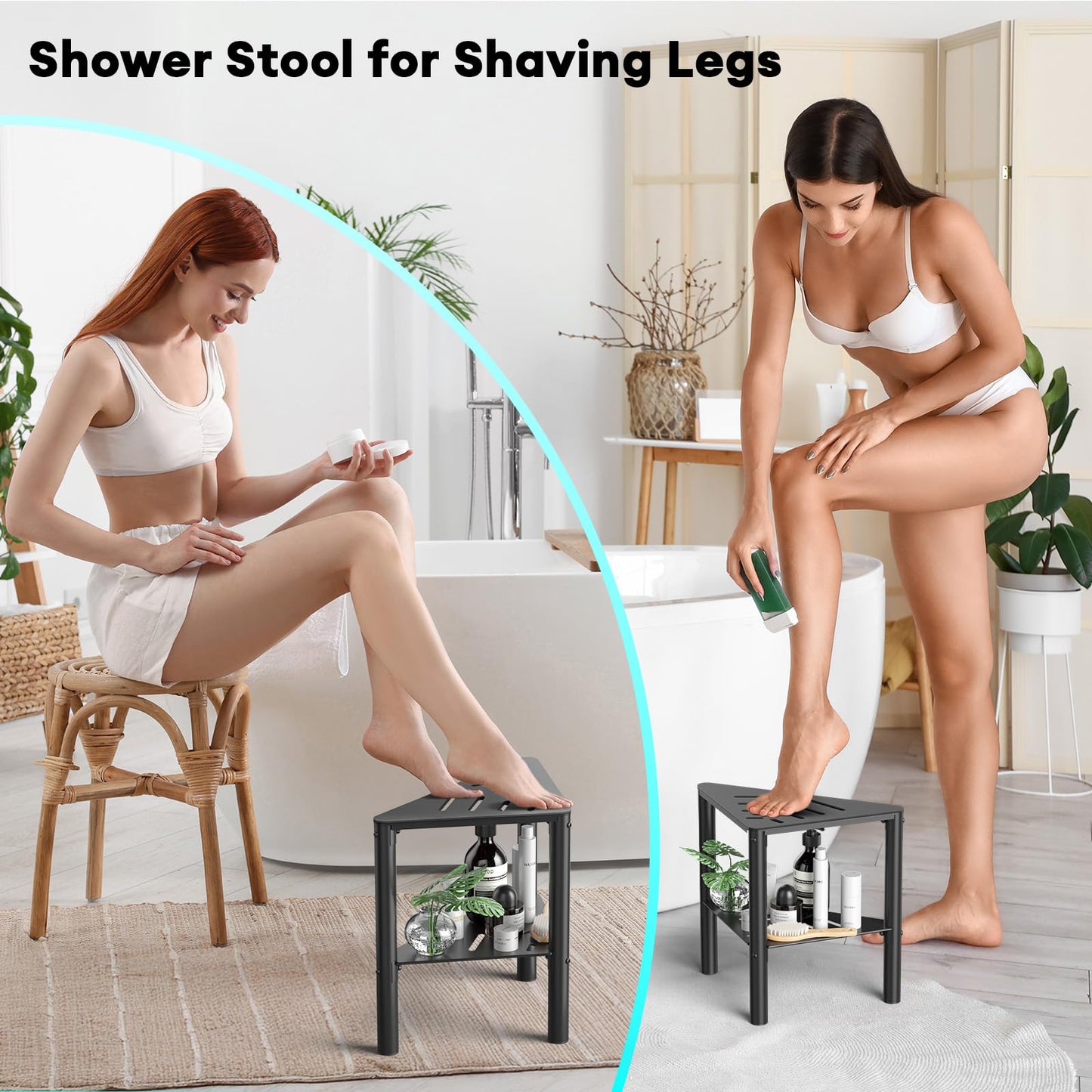 YAJONUE Shower Stool for Shaving Legs, Shower Step Stool for Inside Shower, Non-Slip Spa Shower Foot Rest Stool, Corner Bathroom Shower Bench Bath Seat with Storage Shelf for Small Shower Spaces