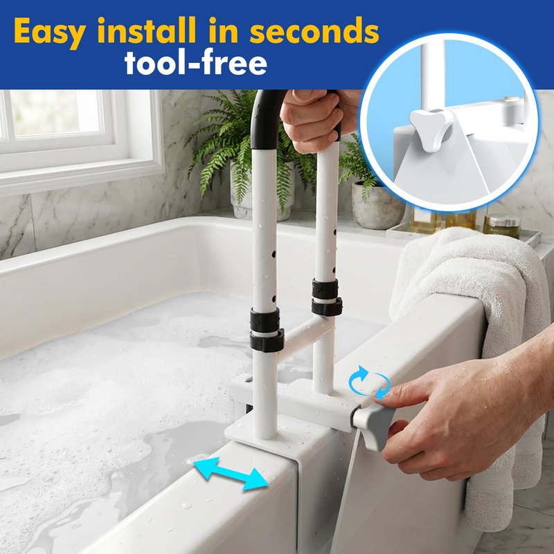 ProTraverse Adjustable Bathtub Safety Bar,Bathroom Grab Bar for Elderly&Seniors,Fall Prevention Assist Handle with Tool-Free Stallation,Knob-Clamp Design,250lbs Capacity,White