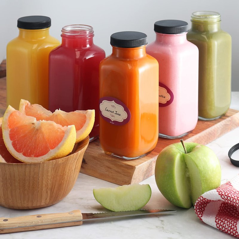 DilaBee 12-Pack Glass Juice Bottles with Lids - 16 oz Glass Bottles with Lids for Juice, Smoothie, Milk & Kombucha, Reusable Glass Water Bottles with Caps - Bulk Glass Bottles for Juicing BPA Free