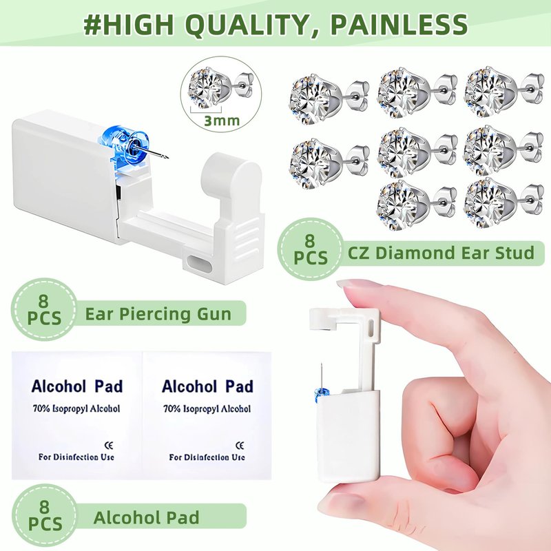 24 Pcs Ear Piercing Kit Disposable Ear Piercing Gun Kit with 8 Pcs Self Piercing Gun and 8 Pcs Earrings Stud 8 Pcs Cleaning Pads, 3mm