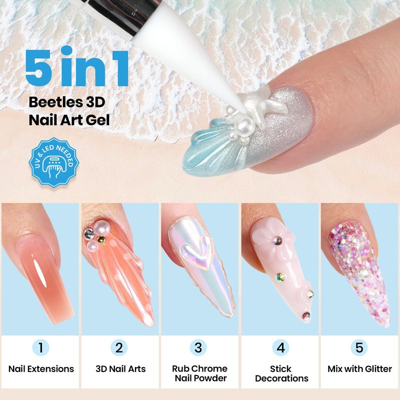 Beetles 3D Gel Nail Art with 3D Mold-Pearl White Solid Builder Nail Gel,5 in 1 Non-Sticky Sculpting with Dual-Ended Sculpture Pen, Beginner Friendly DIY at Home,UV LED Lamp Needed,Pearl Drift