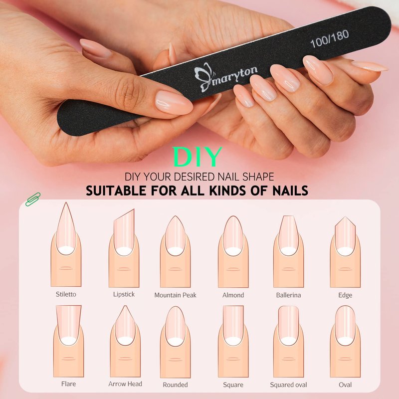 Maryton Nail File 100/180 Grit Emery Boards for Nails 12 PCS Professional Double Sided Washable Nail Files Kit for Acrylic Nails DIY Salon Use (Black)