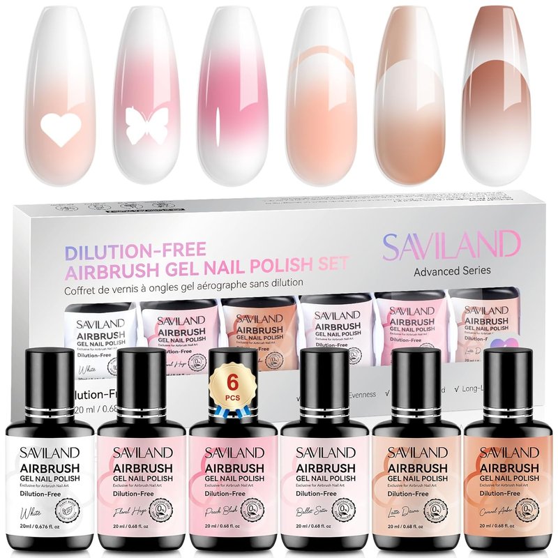 SAVILAND Airbrush Gel Nail Polish - 6PCS Non-Toxic 20ml White, Pink & Nude Colors | 28 Days Ombre Art