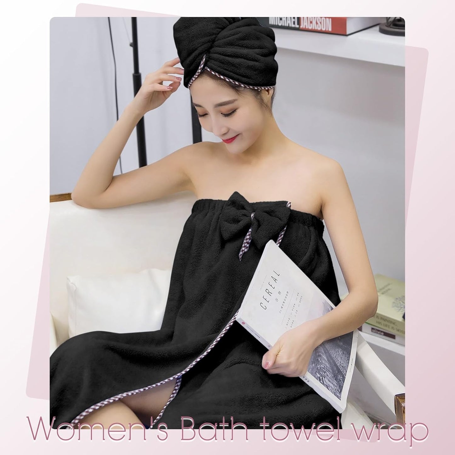 Women’s Microfiber Bath Towel Wrap - Adjustable & Quick-Drying Hair Drying Towel | Absorbent for Gym, Beach, Spa, Sauna - Black