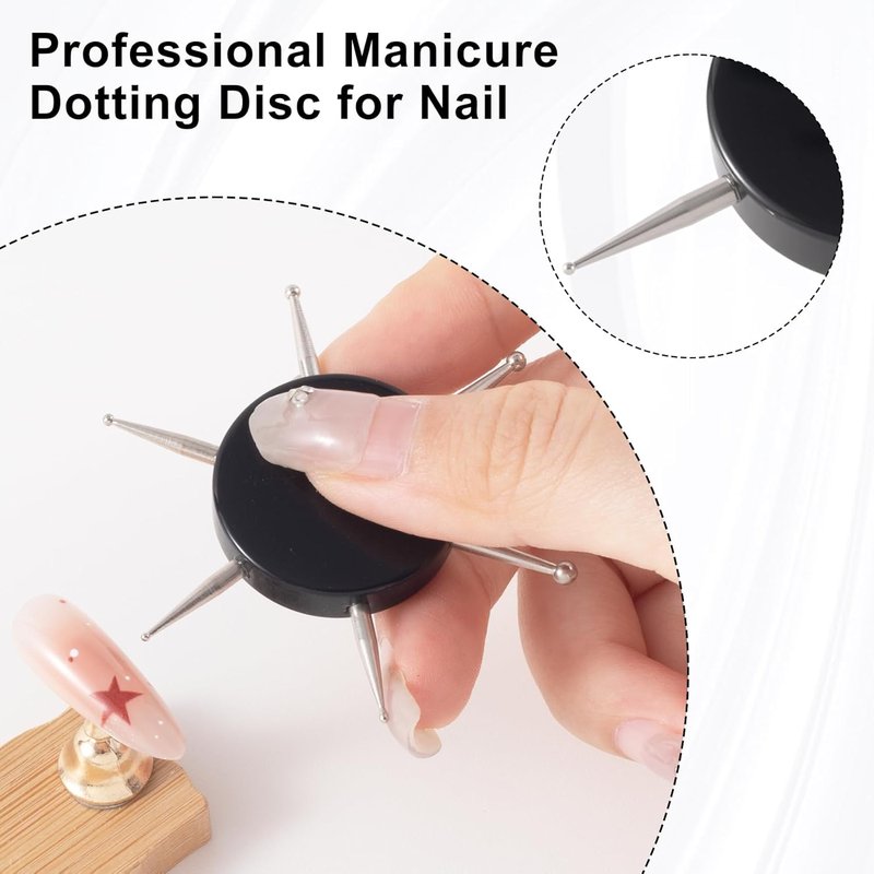 Nail Dotting Tool, 6-in-1 Metal Dotting Tool Nail Art, Circular Nail Design Dotting Pen, Ergonomic Dotting Disc for Manicure Embossing, Tracing, Painting - Black, 1pcs