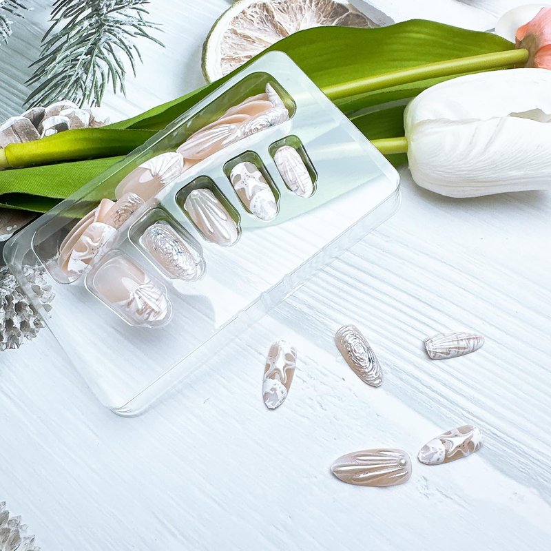 30Pcs Summer Beach Press-On Nails - Medium Almond French Tip with 3D Pearl Seashell Designs | Ocean-Inspired Acrylic Nails for Women