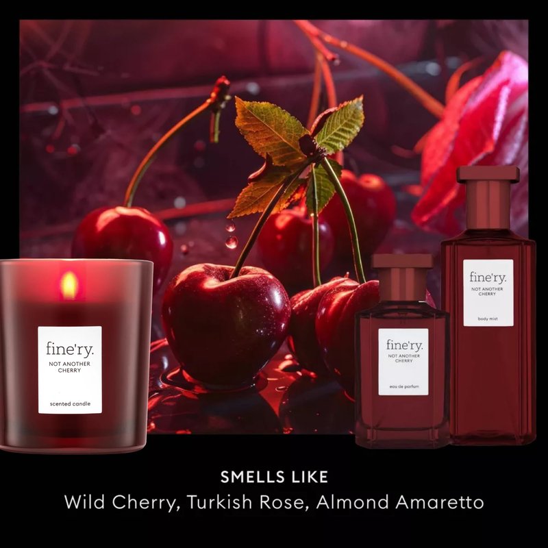 Fine'ry Not Another Cherry Deluxe Fragrance Gift Set | Eau De Parfum, Candle & Body Mist | Fruity & Floral Notes Of Cherry, Rose & Almond | Luxury Body & Home Signature Scent Trio