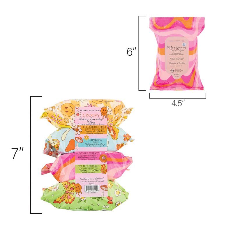 Makeup Removal Wipes Variety Set - 120pcs Charcoal, Tea Tree, Cucumber & Aloe Vera Cleansing Towelettes | 4-Pack