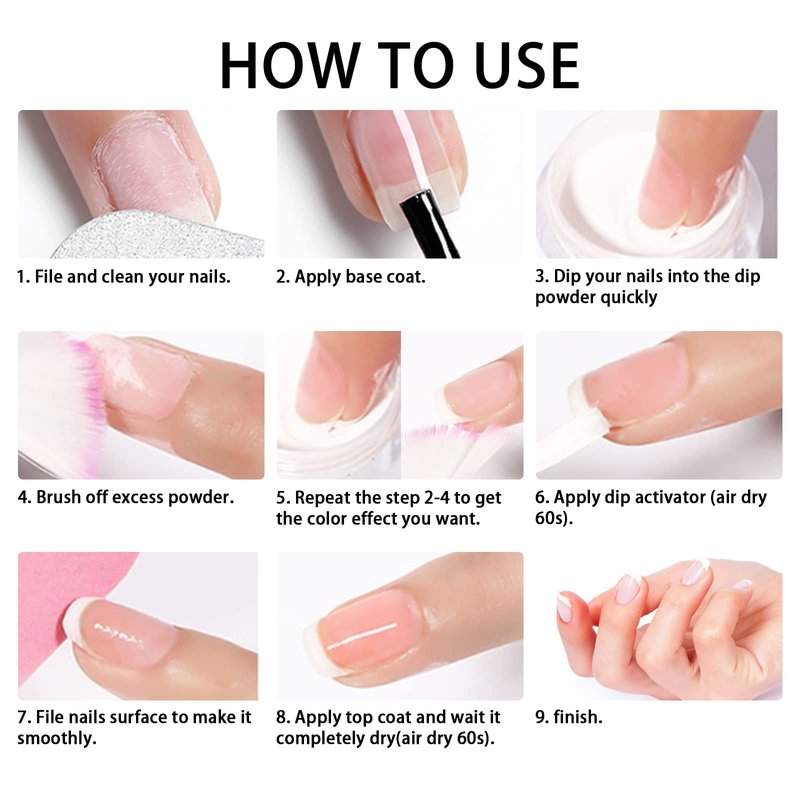 Lofuanna Dip Powder Nail Starter Kit - 2 Colors With Base Top Coat Activator, No UV/LED Needed, 9Pcs DIY French Nail Art Manicure Set for Beginners (Pink Set)