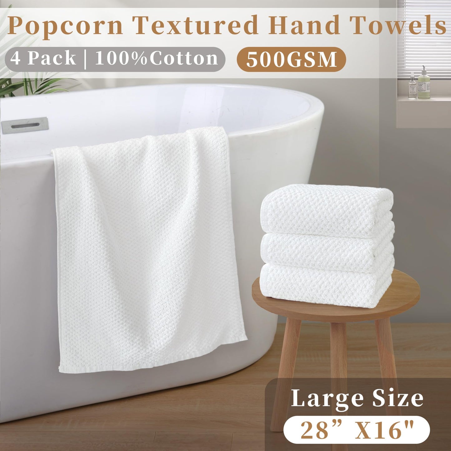 VOOVA & MOVAS Popcorn Textured Hand Towels, 4PC Large 16" x 28", 100% Cotton | Thick | Quick Dry | Absorbent, Hand Towels for Showering, Bathroom Essentials, Ivory