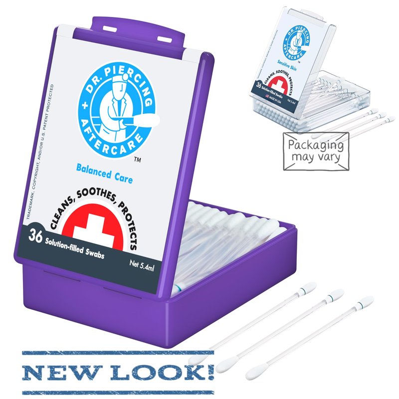 Dr. Piercing Aftercare Swabs - Saline Solution for Piercings - Earring Nose Belly Ear Piercing Cleaner - Saline Wash, Ear Hole Cleaner – Piercing Aftercare Formula - 72 swabs (2-pack)