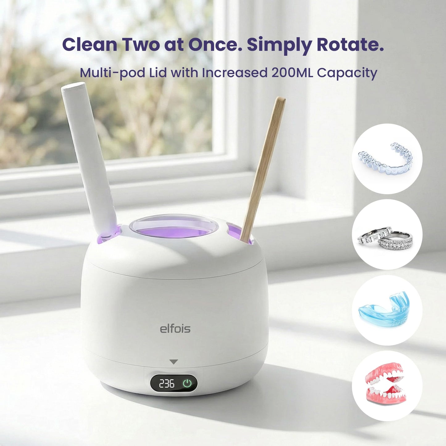 ELFOIS Premium Ultrasonic Retainer Cleaner Machine with UV — 45kHz Durable Dental Pod, 4 Cleaning Modes, Detachable Design for Invisalign, Aligners, Night Guards, Mouth Guards and Dentures