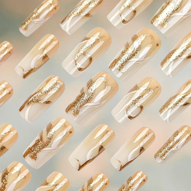 Skiennix Gold Glitter Press-On Nails - Medium Square Acrylic Tips with Curve Lines Design | 24 Pcs Full Cover