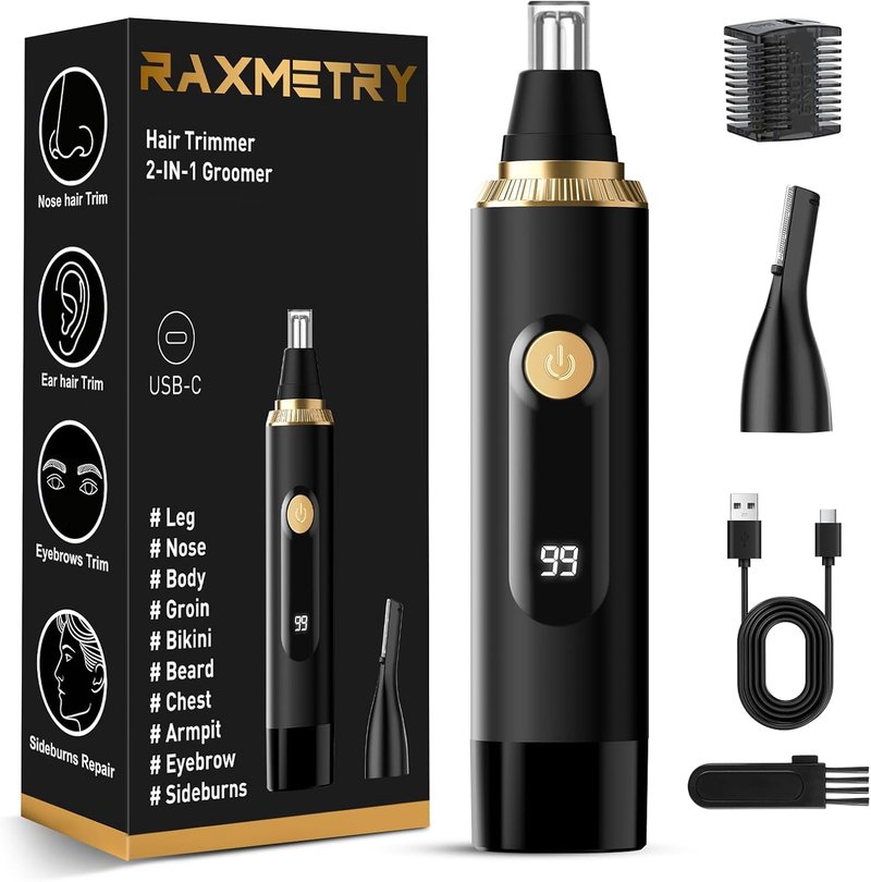 Nose Hair Trimmer - Painless IPX7 Waterproof Facial & Eyebrow Hair Remover | USB Rechargeable, LED Display, Black