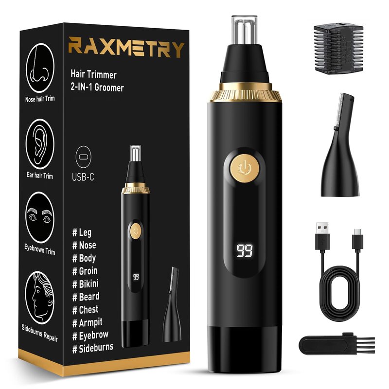 RAXMETRY Nose Hair Trimmer for Men and Women,2026 Professional Painless IPX7 Waterproof Eyebrow & Facial Hair Trimmer,USB Rechargeable with LED Display Dual-Edge Blades,Black