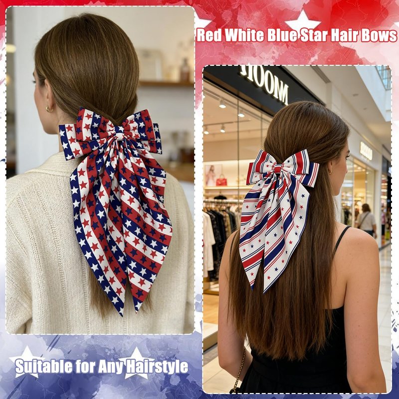 4th of July Hair Clips for Women 2 Pcs Red White Blue Star Stripes USA Flag Big Bows Oversized Long Tail Design with Non-Slip Alligator Clips Patriotic Independence Day Memorial Day Accessories Gifts