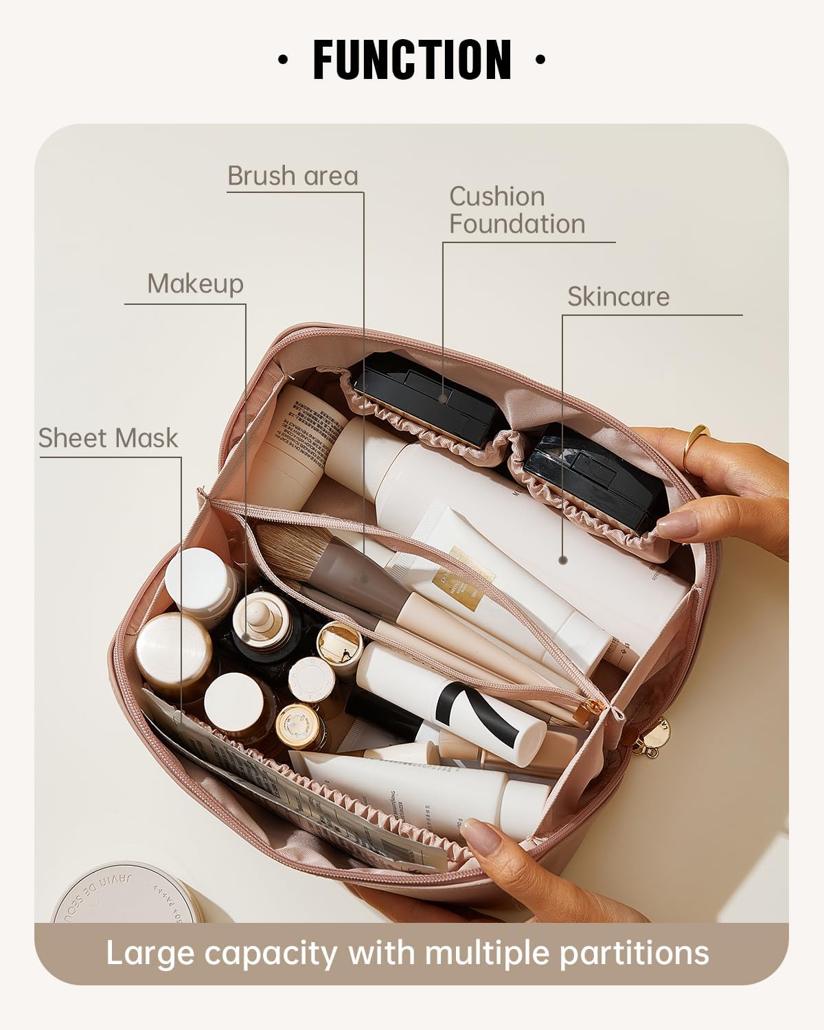 Travel Makeup Bag - Large Capacity Waterproof PU Leather | Portable Toiletry Organizer for Skincare & Brushes