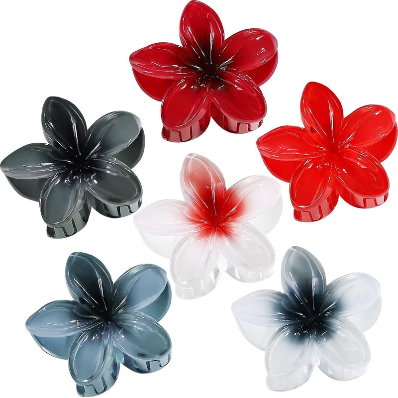 CHANDAT Flower Hair Clips - 6 PCS Hawaiian Claw Clips for Thick & Thin Hair | Dark Color Plumeria Accessories