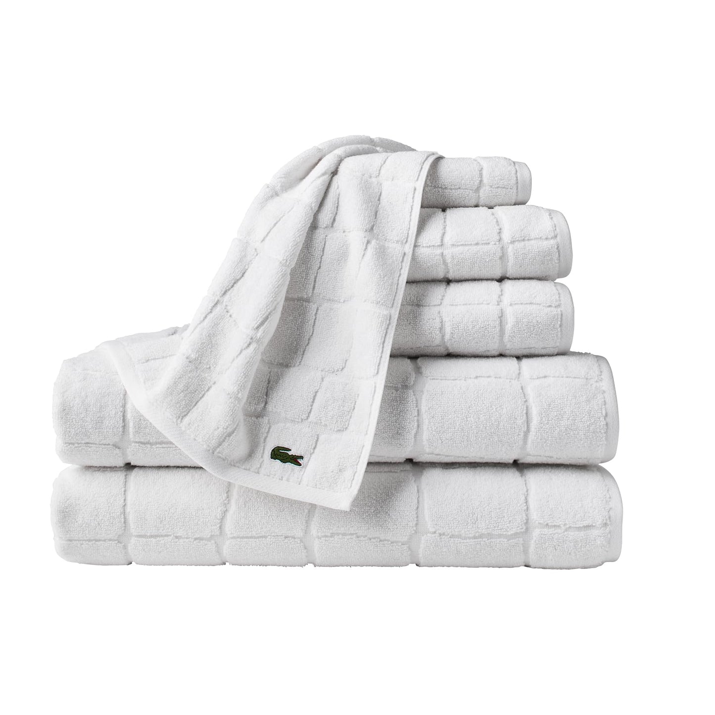 Lacoste Croc Scale 100% Cotton Towels – Highly Absorbent & Quick Drying, Premium Super Soft, White, 2 Bath Towels (30"x56"), 2 Hand Towels (16"x30"), 2 Washcloths (13"x13") 6PC Bath Towel Set