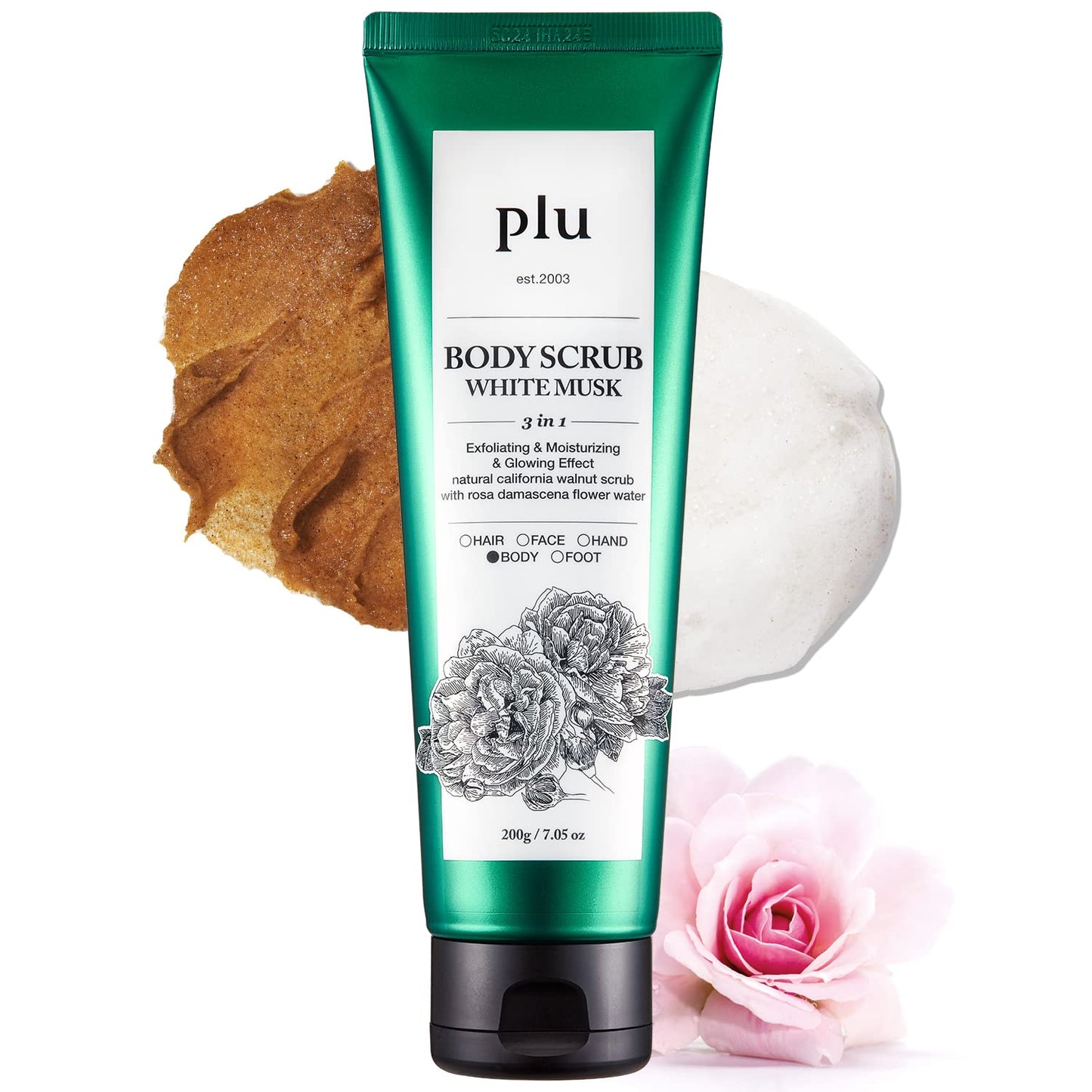 PLU Original Korean Walnut Body Scrub Polish - White Musk - Exfoliating & Hydrating Glow for Smooth, Radiant Skin Texture - Soft Musk Scent, 7.05 oz.