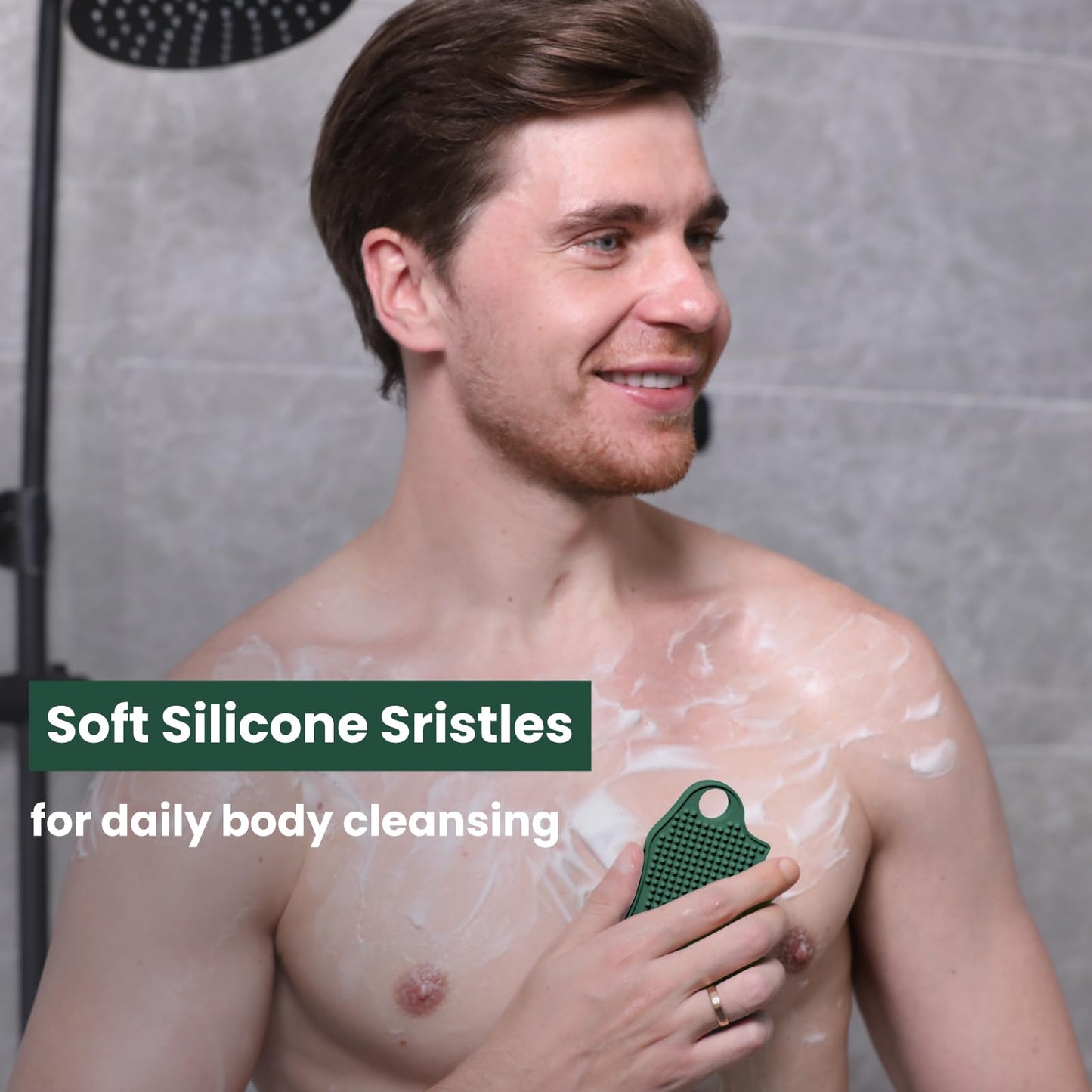 iTokGok Silicone Body Scrubber Silver-Infused Dual-Sided 3-in-1 for Shower, Body Cleaning+Massage+Exfoliator Body Brush Buffer for Men and Women, Silicone Loofah, Non-Slip Handle (Midnight Green)