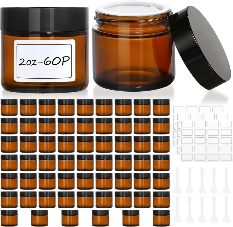 60 Pcs Amber Glass Jars with Lids - Leakproof, UV-Protective Containers for Essential Oils, Spices | 2 oz Size