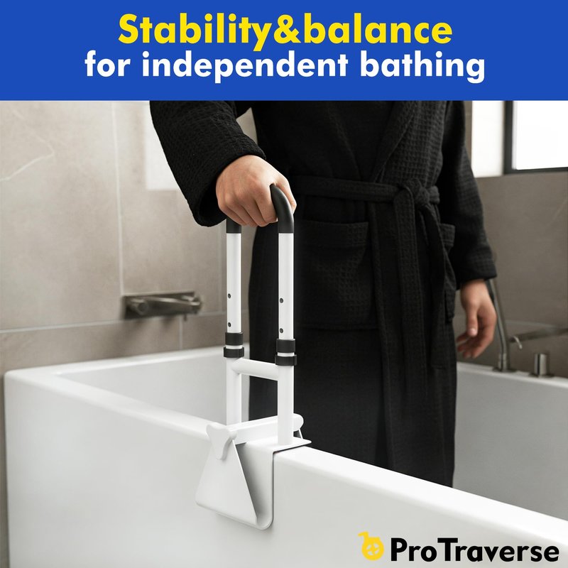 ProTraverse Adjustable Bathtub Safety Bar,Bathroom Grab Bar for Elderly&Seniors,Fall Prevention Assist Handle with Tool-Free Stallation,Knob-Clamp Design,250lbs Capacity,White