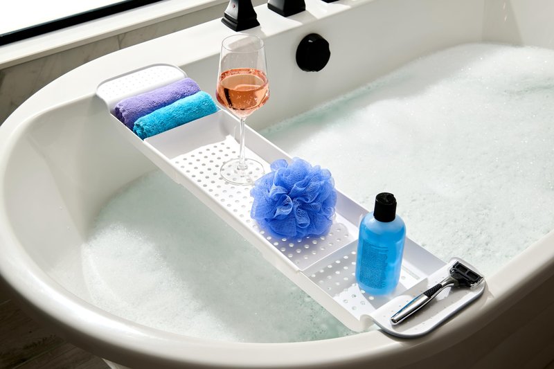 madesmart Expandable Bathtub Tray, Adjustable Bath Caddy & Over Tub Organizer Shelf for Bath Accessories, Soap, Razors, Towels, Toys & Toiletries, Non Slip Silicone Grip, Drainage Holes, Blue