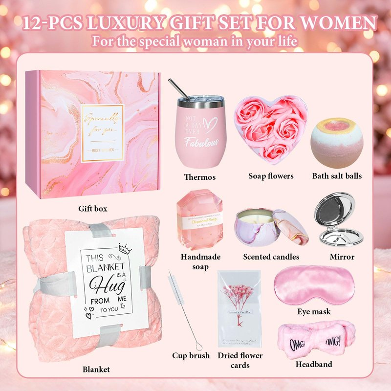 Birthday Gift for Women,Mothers Day Gift Basket,Get Well Soon Self Care Package,Spa Gift Basket,11pcs care package for women,Feel Better Encouragement for Mom Grandma Wife Best Friend Sister (Pink)