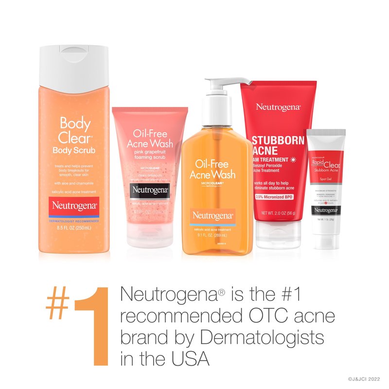 Neutrogena Body Clear Acne Body Wash and Exfoliating Body Scrub, 2% Salicylic Acid Cleanser, Chest, Shoulder & Back Acne Treatment, Non-Comedogenic, Oil-Free Shower Gel, 8.5 fl oz