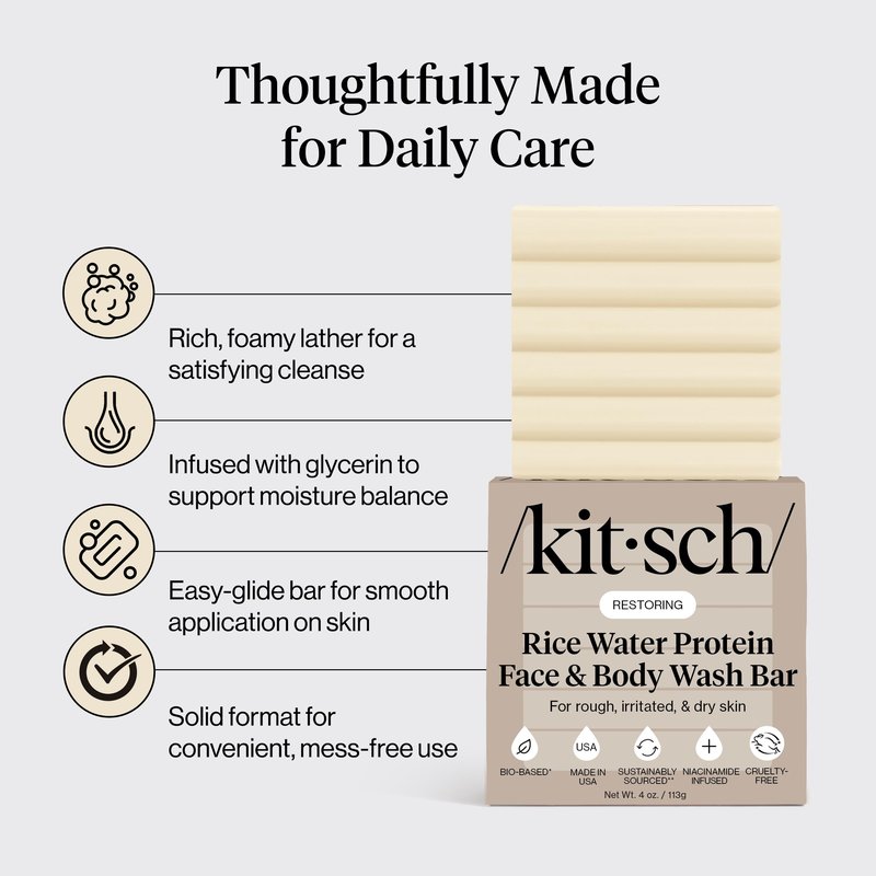 Rice Water Protein Restoring Face & Body Wash Bar Soap – Hydrating Face Wash & Body Wash, Skin Care Cleanser with Niacinamide & Oat Peptides, Gentle Moisturizing for Dry & Sensitive Skin - 4 oz