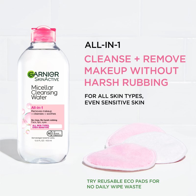 Garnier Micellar Cleansing Water, All-in-1 Makeup Remover and Facial Cleanser, For All Skin Types, 3.4 Fl Oz (100mL), 1 Count (Packaging May Vary) (Pack of 2)